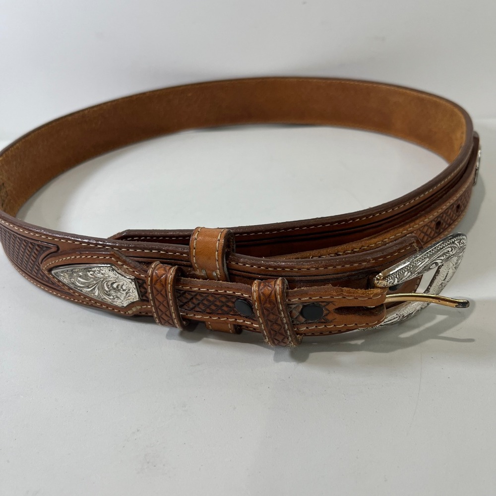 Vintage Tony Lama Leather Belt Mens 32 Tooled Western Silver Buckle Cowboy